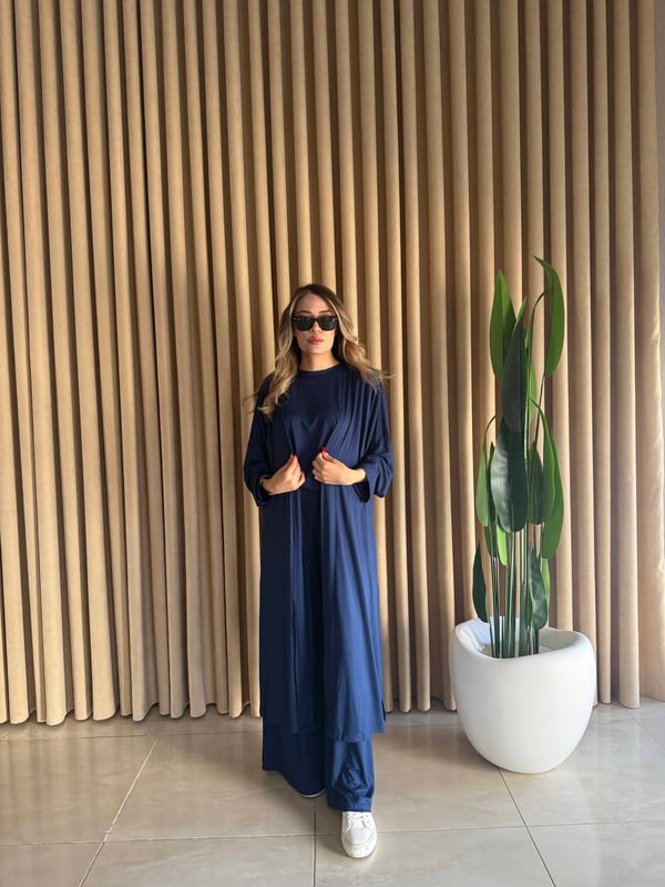 Üçlü Uzun Kimono Takım Lacivert - 1138