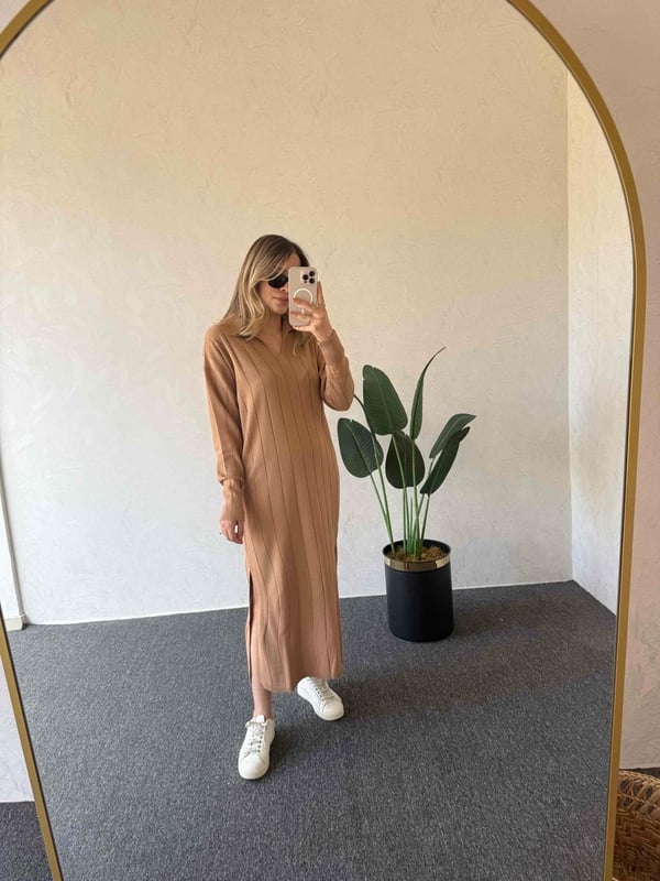 Uzun Kol Basic Elbise Camel - 1064