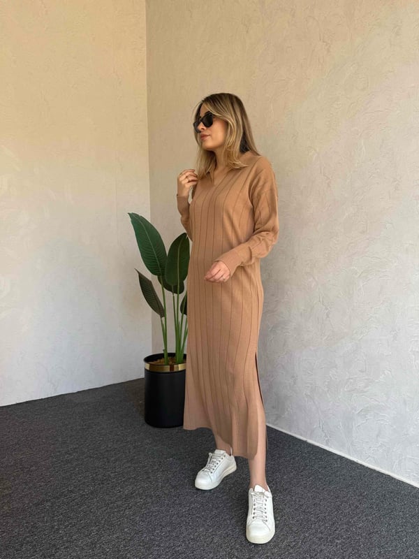 Uzun Kol Basic Elbise Camel - 1064
