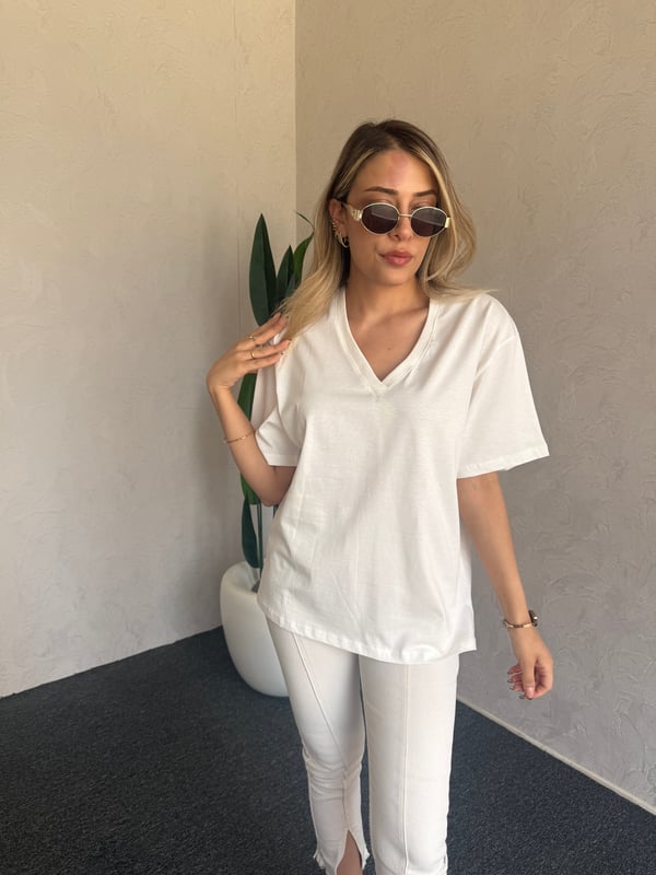 V Yaka Basic Tshirt Beyaz - 1124