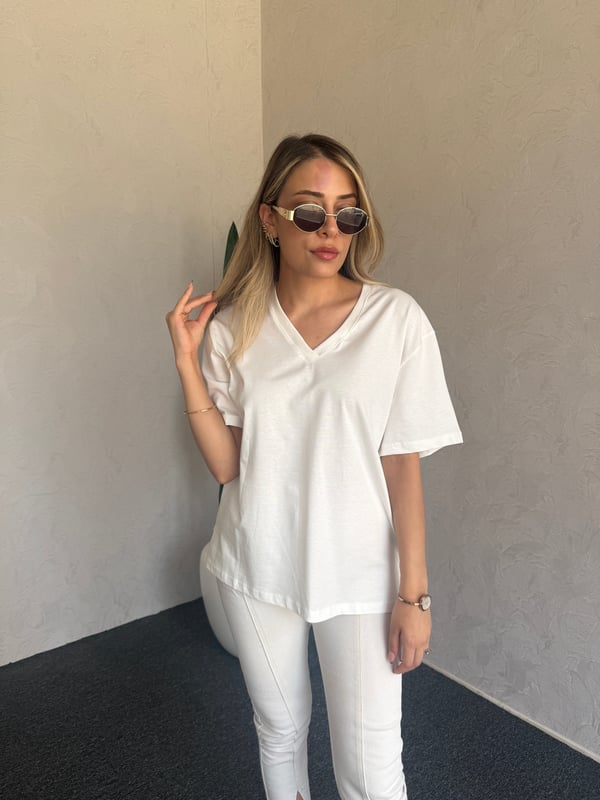 V Yaka Basic Tshirt Beyaz - 1124