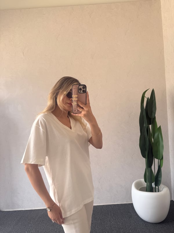 V Yaka Basic Tshirt Beyaz - 1124