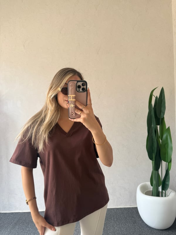 V Yaka Basic Tshirt Kahverengi - 1124