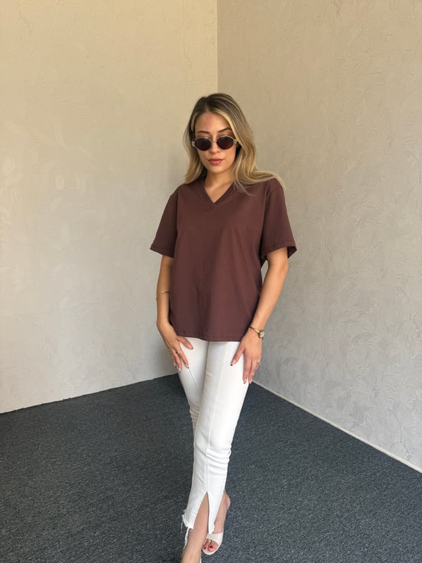 V Yaka Basic Tshirt Kahverengi - 1124