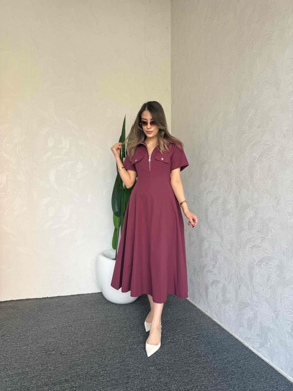 Yaka Fermuar Detay Elbise Bordo - 1116