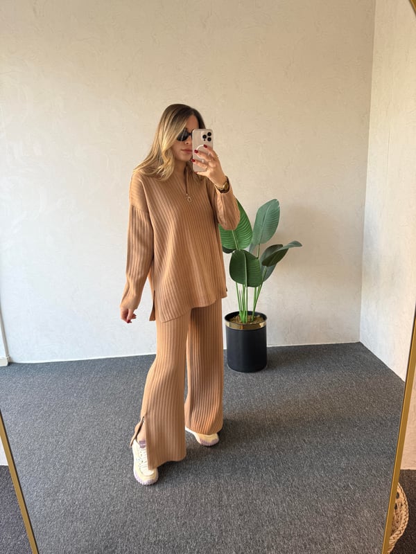 Yaka Paça Fermuar Triko Camel - 1074