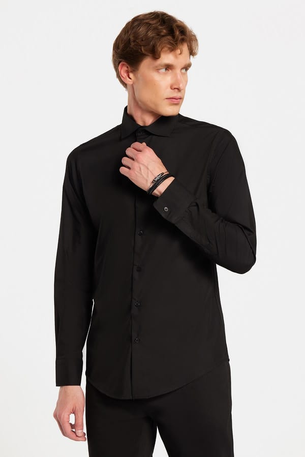 Slim Fit Uzun Kollu Pamuklu Kolay Ütülenebilir Siyah Erkek Gömlek - 4 Mevsim Gömleklerde - 1 Alana 1 Bedava