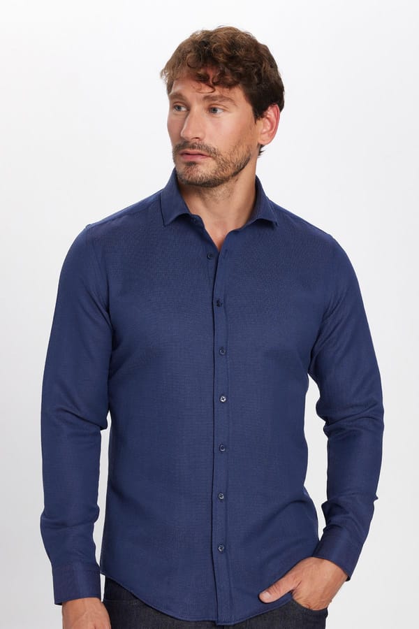 Erkek Slim Fit Dar Kesim Uzun Kollu Pamuklu Kolay Ütülenebilir Armürlü Lacivert Gömlek - 4 Mevsim Gömleklerde - 1 Alana 1 Bedava
