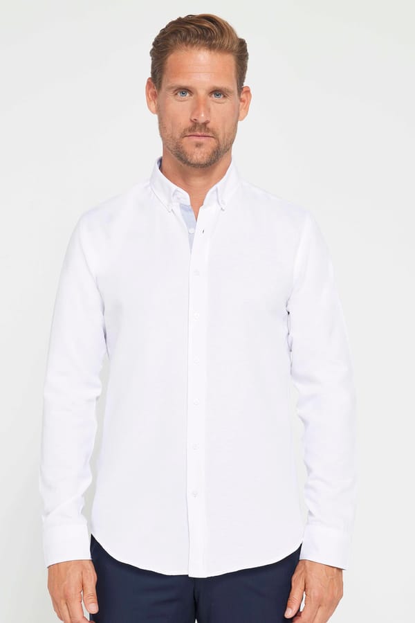 Slim Fit Uzun Kollu Düğmeli Yaka Pamuklu Kolay Ütülenebilir Düz Erkek Gömlek - 4 Mevsim Gömleklerde - 1 Alana 1 Bedava