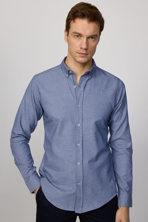 Slim Fit Uzun Kollu Düğmeli Yaka Pamuklu Kolay Ütülenebilir Düz Erkek Gömlek - 4 Mevsim Gömleklerde - 1 Alana 1 Bedava