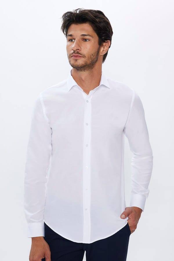 Slim Fit Uzun Kollu Pamuklu Kolay Ütülenebilir Beyaz Erkek Gömlek - 4 Mevsim Gömleklerde - 1 Alana 1 Bedava