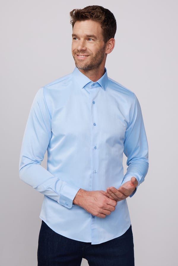 Slim Fit Uzun Kollu Pamuklu Düz Erkek Mavi Gömlek - 4 Mevsim Gömleklerde - 1 Alana 1 Bedava
