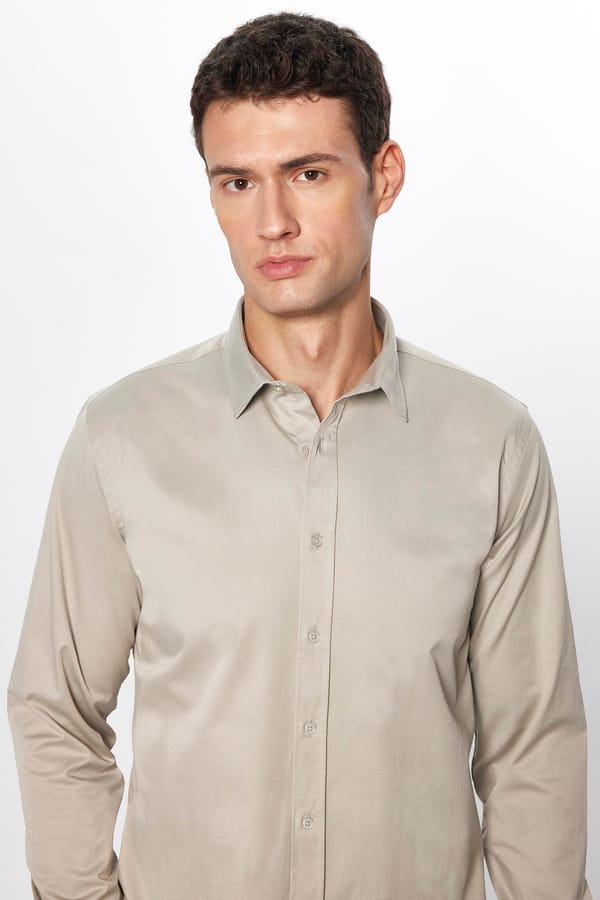 Erkek Slim Fit Dar Kesim Uzun Kollu Pamuklu Saten Taş Renk Gömlek - 4 Mevsim Gömleklerde - 1 Alana 1 Bedava
