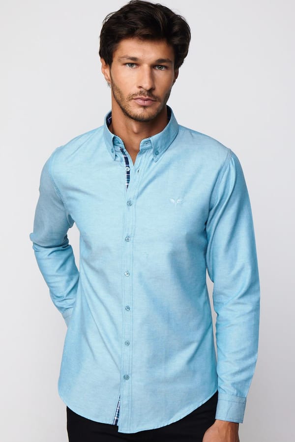 Erkek Slim Fit Dar Kesim Uzun Kollu Pamuklu Oxford Doku Petrol Renk Düğmeli Yaka Gömlek - 4 Mevsim Gömleklerde - Tudors 1 Alana 1 Bedava