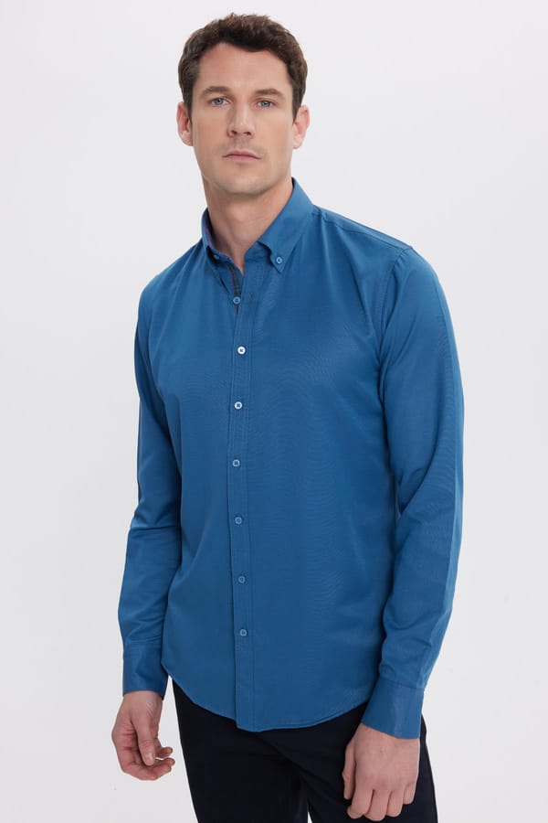 Erkek Slim Fit Dar Kesim Uzun Kollu Pamuklu Oxford Doku Kolay Ütülenebilir Petrol Düğmeli Yaka Gömlek - 4 Mevsim Gömleklerde - Tudors 1 Alana 1 Bedava
