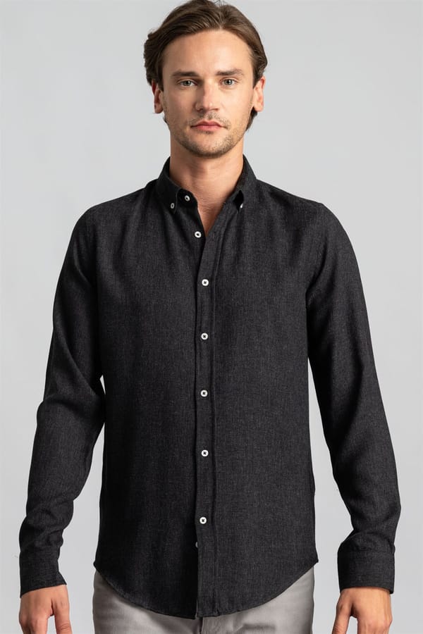Slim Fit Uzun Kollu Düğmeli Yaka Düz Esnek Doku Kışlık Unisex Gömlek - 1 Alana 1 Bedava