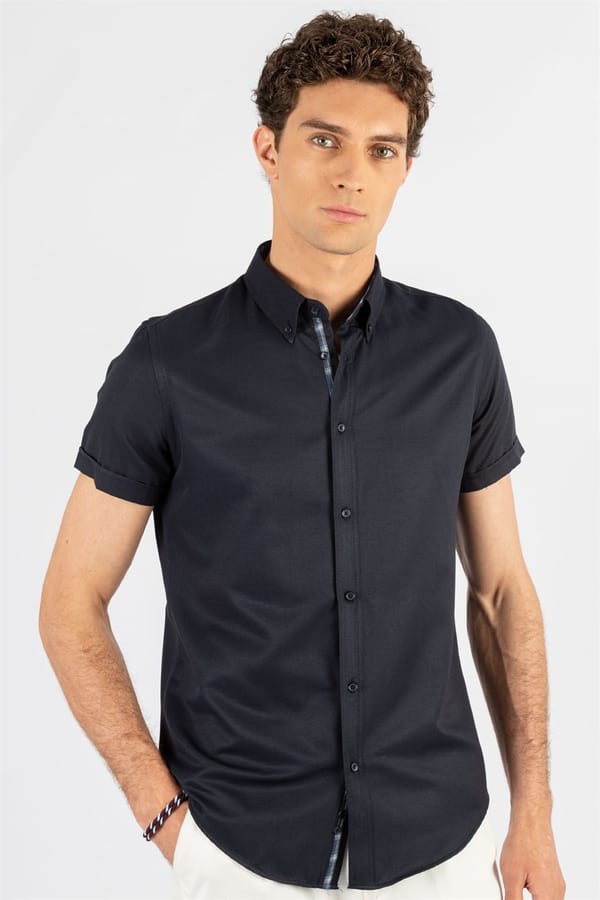 Erkek Slim Fit Dar Kesim Kısa Kollu Pamuklu Oxford Doku Lacivert Düğmeli Yaka Gömlek - Yazlık Gömleklerde - 1 Alana 1 Bedava