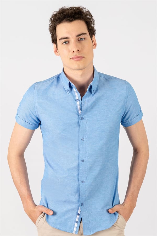 Erkek Slim Fit Dar Kesim Kısa Kollu Pamuklu Oxford Doku Kolay Ütülenebilir Mavi Düğmeli Yaka Gömlek - Yazlık Gömleklerde - 1 Alana 1 Bedava