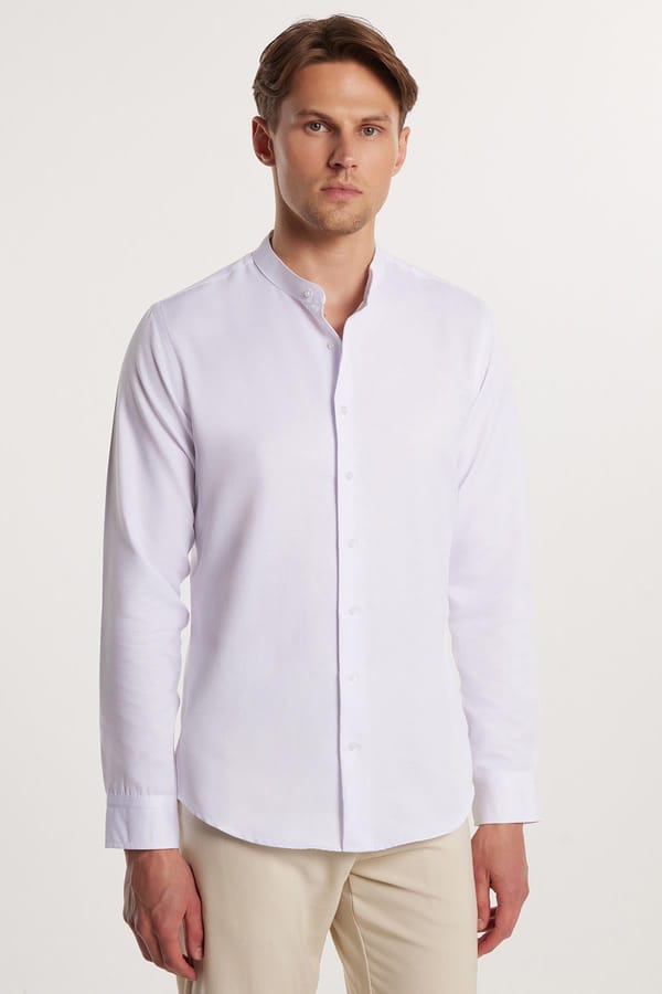 Erkek Slim Fit Dar Kesim Uzun Kollu Pamuklu Beyaz Hakim Yaka Gömlek - 4 Mevsim Gömleklerde - 1 Alana 1 Bedava
