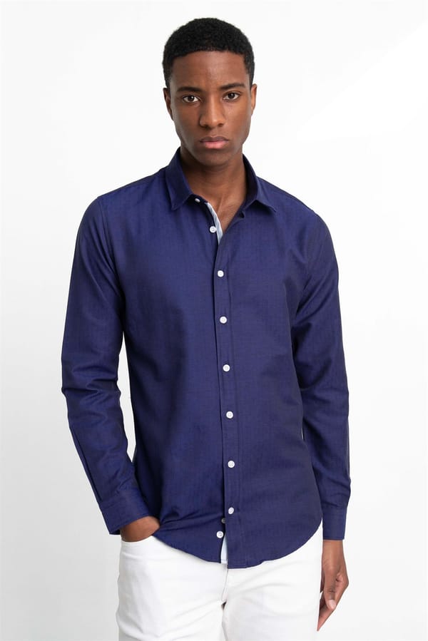 Slim Fit Uzun Kollu Oxford Doku Armürlü Biyeli Erkek Lacivert Gömlek - 4 Mevsim Gömleklerde - 1 Alana 1 Bedava