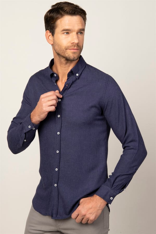 Slim Fit Uzun Kollu Düğmeli Yaka Kışlık Yün Viskon Düz Gömlek - 1 Alana 1 Bedava