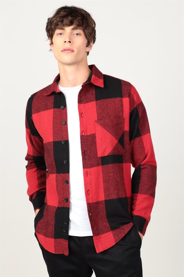 Slim Fit Uzun Kollu Kışlık Oduncu Dama Desen Tek Cepli Erkek Kırmızı Gömlek - Oduncu Gömleklerde - 1 Alana 1 Bedava