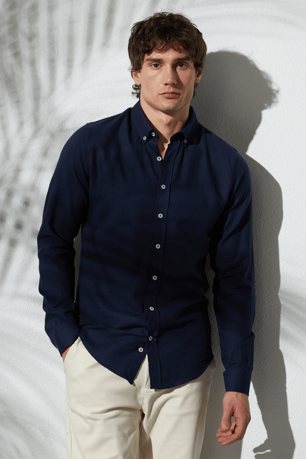 Erkek Slim Fit Dar Kesim %100 Pamuk Keten Doku Düğmeli Yaka Lacivert Gömlek - Yazlık Gömleklerde - 1 Alana 1 Bedava