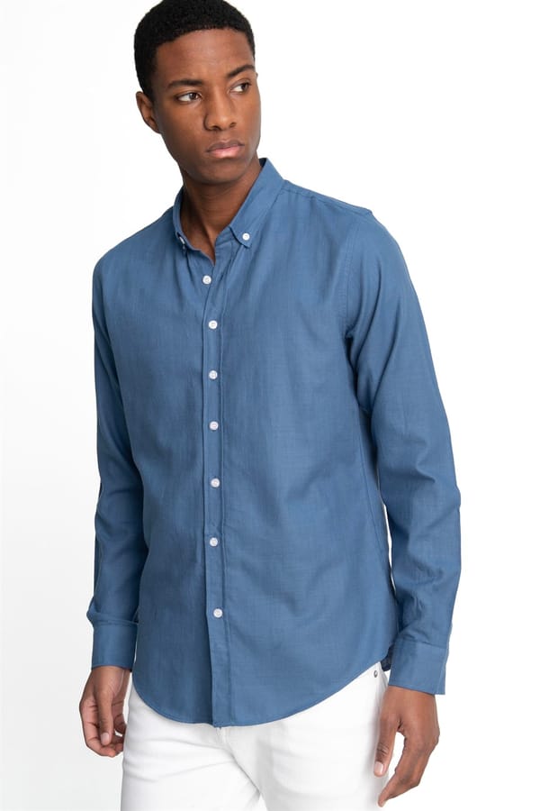 Erkek Slim Fit Dar Kesim %100 Pamuk Keten Doku Düğmeli Yaka Indigo Gömlek - Yazlık Gömleklerde - 1 Alana 1 Bedava