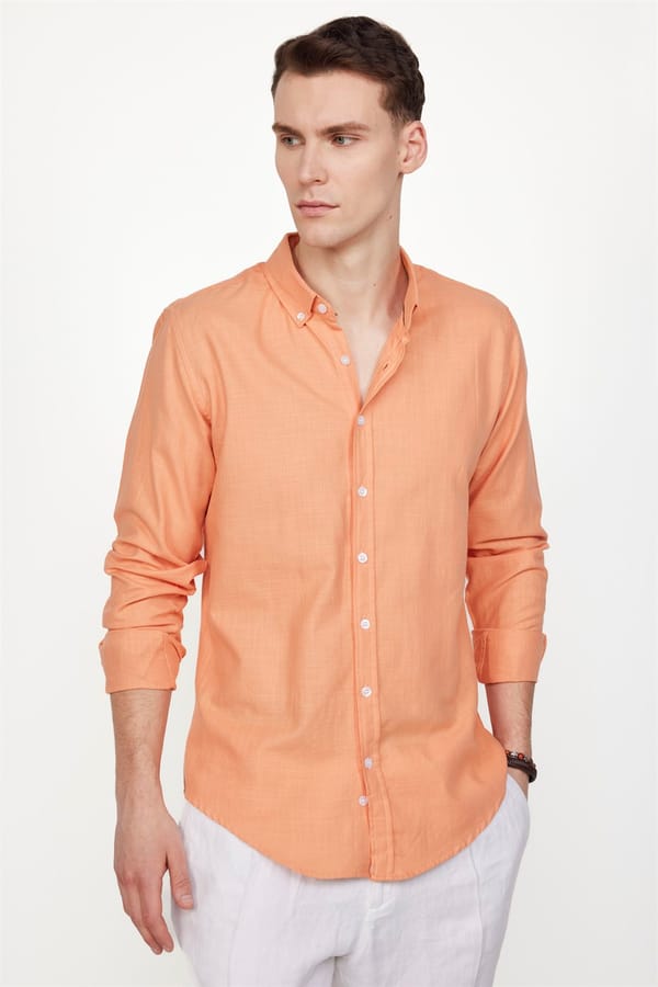 Erkek Slim Fit Dar Kesim %100 Pamuk Keten Doku Düğmeli Yaka Turuncu Gömlek - Yazlık Gömleklerde - 1 Alana 1 Bedava