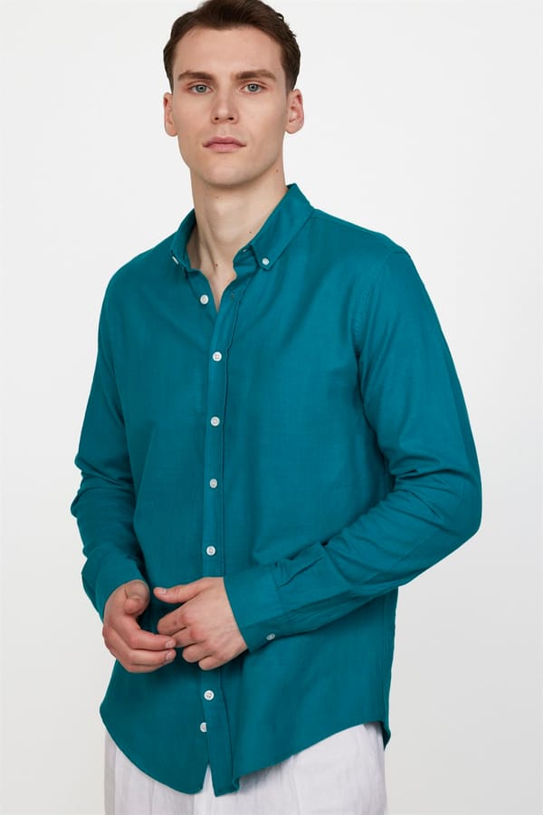 Erkek Slim Fit Dar Kesim %100 Pamuk Keten Doku Düğmeli Yaka Petrol Renk Gömlek - Yazlık Gömleklerde - 1 Alana 1 Bedava