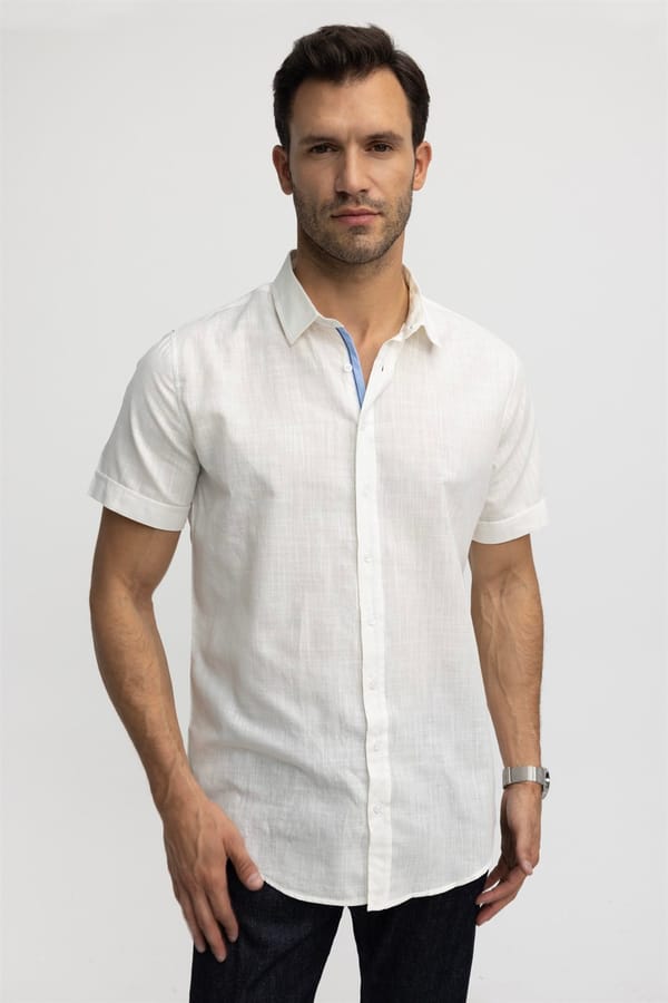 Erkek Slim Fit Dar Kesim Kısa Kollu %100 Pamuk Keten Doku Cepli Beyaz Gömlek - Yazlık Gömleklerde - 1 Alana 1 Bedava
