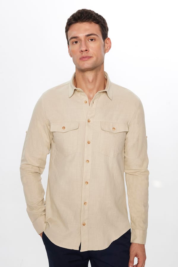 Erkek Slim Fit Dar Kesim %100 Pamuk Keten Doku Çift Cep Spor Yaka Taş Rengi Gömlek - Tudors 1 Alana 1 Bedava