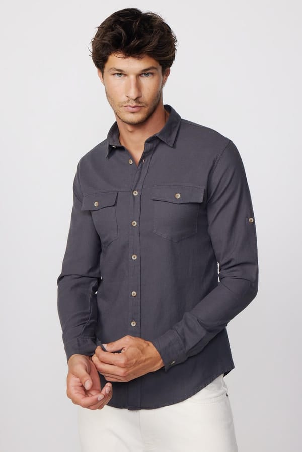 Erkek Slim Fit Dar Kesim %100 Pamuk Keten Doku Çift Cep Spor Yaka Füme Gömlek - Yazlık Gömleklerde - 1 Alana 1 Bedava