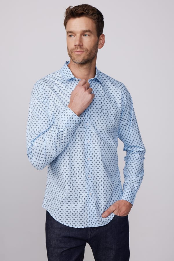 Slim Fit Uzun Kollu Likralı Baskılı Pamuklu Erkek Mavi Gömlek - 4 Mevsim Gömleklerde - 1 Alana 1 Bedava