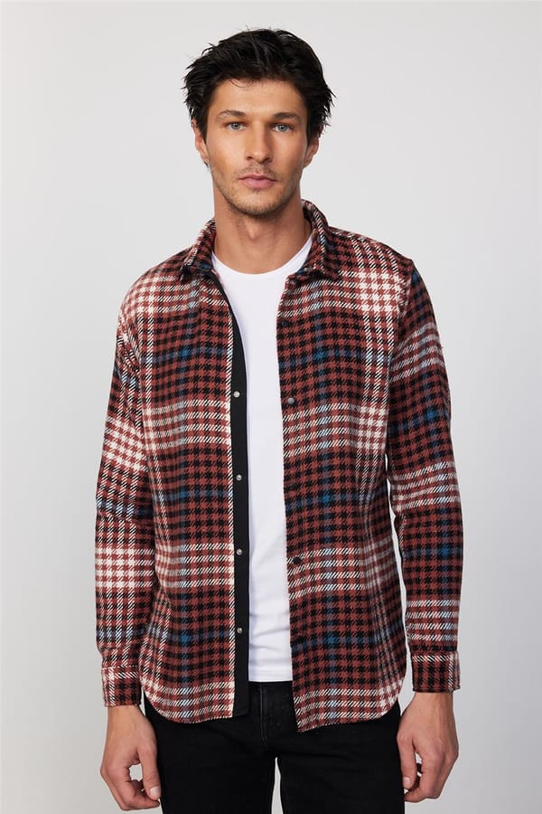 Erkek Slim Fit Dar Kesim Uzun Kollu Kareli Kışlık Oduncu Gömlek - Oduncu Gömleklerde - 1 Alana 1 Bedava