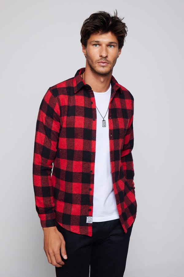Erkek Slim Fit Dar Kesim Uzun Kollu Kareli Kışlık Oduncu Gömlek - Oduncu Gömleklerde - 1 Alana 1 Bedava