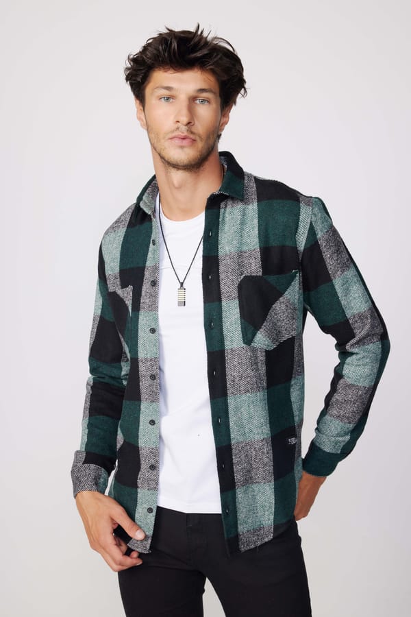 Erkek Slim Fit Dar Kesim Uzun Kollu Kareli Çift Cepli Kışlık Oduncu Gömlek - Oduncu Gömleklerde - 1 Alana 1 Bedava