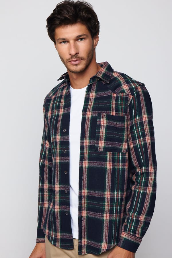 Erkek Slim Fit Dar Kesim Uzun Kollu Kareli Tek Cepli Kışlık Oduncu Gömlek - Tudors 1 Alana 1 Bedava