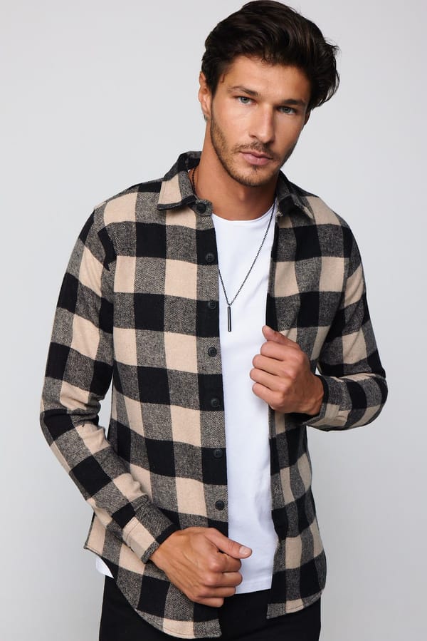 Erkek Slim Fit Dar Kesim Uzun Kollu Kareli Kışlık Oduncu Gömlek - 1 Alana 1 Bedava