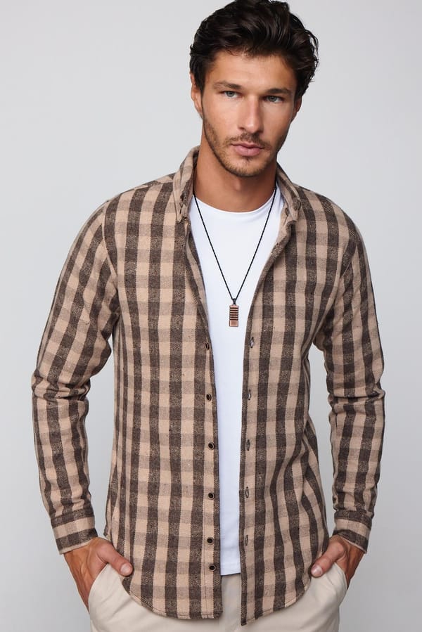 Erkek Slim Fit Dar Kesim Uzun Kollu Pamuklu Kareli Kışlık Oduncu Düğmeli Yaka Gömlek - Tudors 1 Alana 1 Bedava