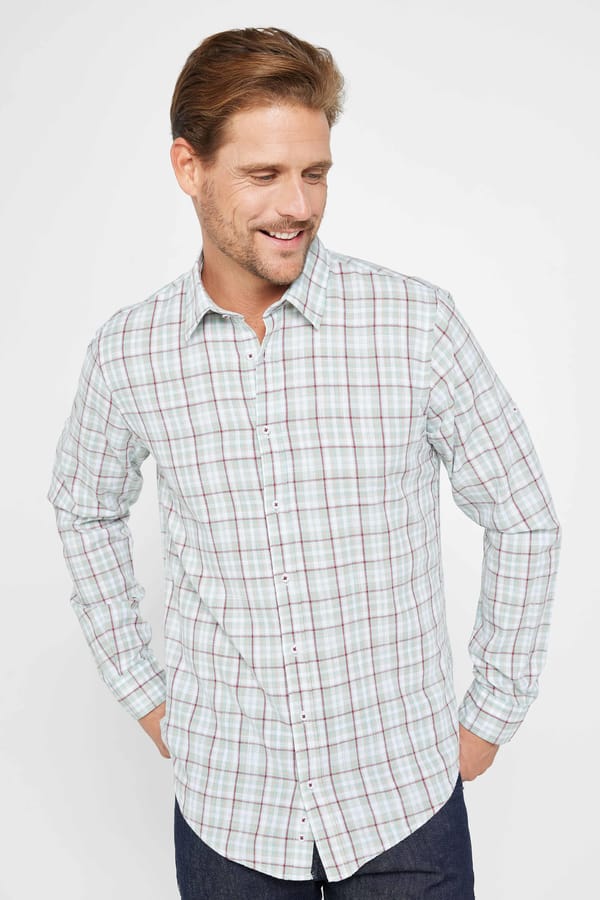 Erkek Slim Fit Dar Kesim Uzun Kollu %100 Pamuk Keten Doku Kareli Gömlek - Yazlık Gömleklerde - 1 Alana 1 Bedava