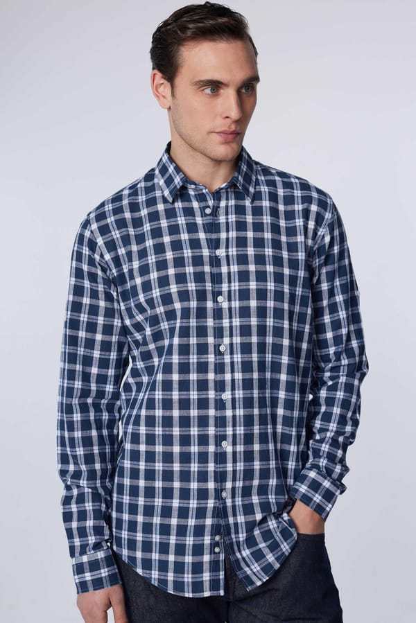 Erkek Slim Fit Dar Kesim Uzun Kollu %100 Pamuk Keten Doku Kareli Gömlek - Yazlık Gömleklerde - 1 Alana 1 Bedava