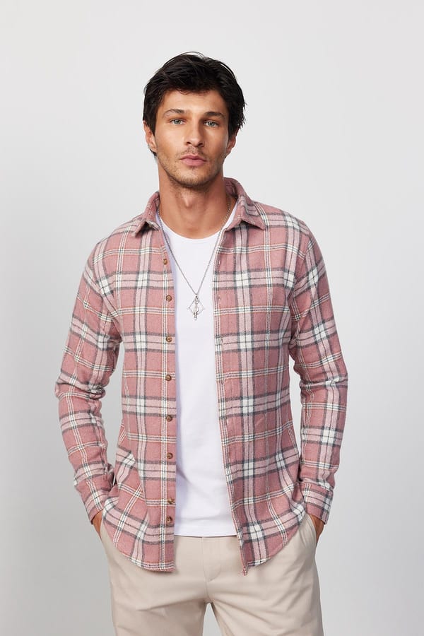 Erkek Slim Fit Dar Kesim Uzun Kollu Kareli Kışlık Oduncu Gömlek - 1 Alana 1 Bedava