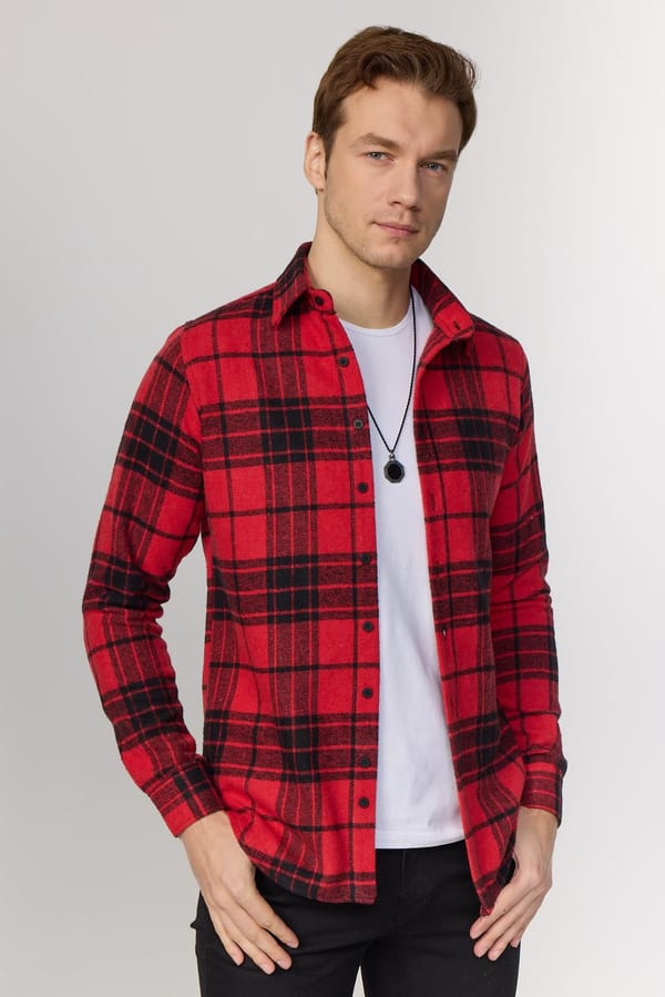 Erkek Slim Fit Dar Kesim Uzun Kollu Kareli Kışlık Oduncu Gömlek - Oduncu Gömleklerde - 1 Alana 1 Bedava