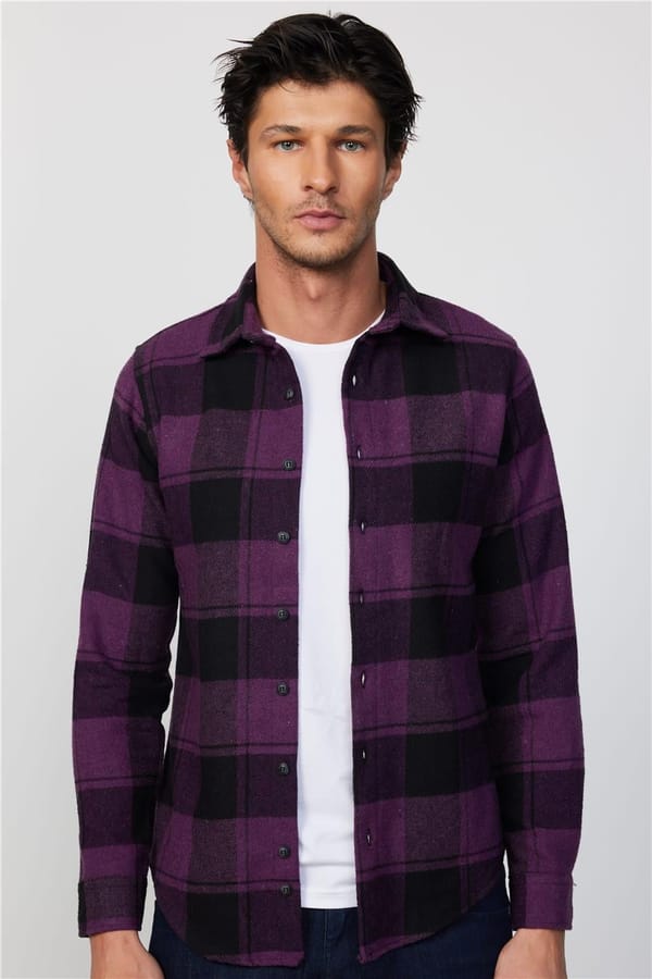 Erkek Slim Fit Dar Kesim Uzun Kollu Kareli Kışlık Oduncu Gömlek - 1 Alana 1 Bedava