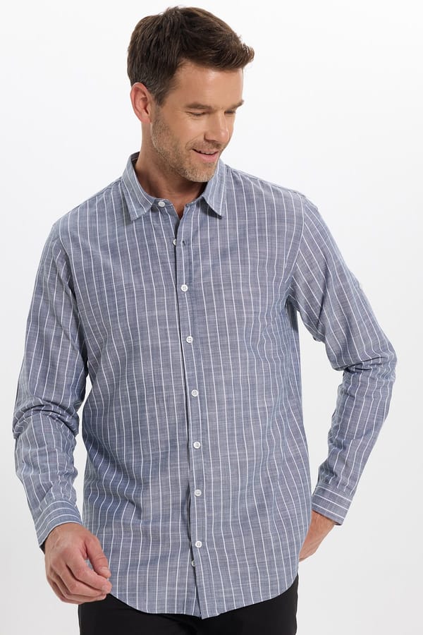 Erkek Slim Fit Dar Kesim Uzun Kollu %100 Pamuk Keten Doku Çizgili Gömlek - Yazlık Gömleklerde - 1 Alana 1 Bedava