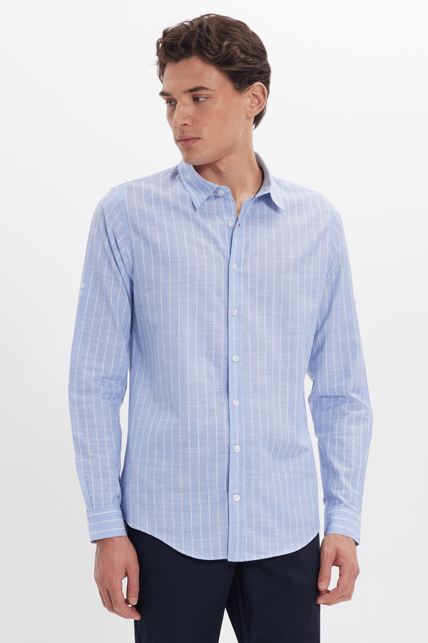 Erkek Slim Fit Dar Kesim Uzun Kollu %100 Pamuk Keten Doku Çizgili Gömlek - Yazlık Gömleklerde - 1 Alana 1 Bedava