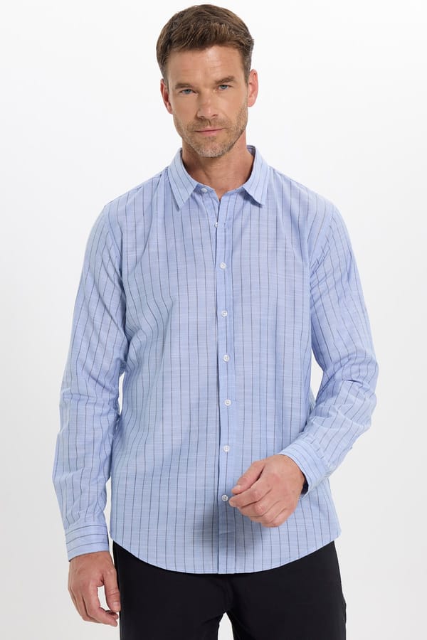 Erkek Slim Fit Dar Kesim Uzun Kollu %100 Pamuk Keten Doku Çizgili Gömlek - Yazlık Gömleklerde - 1 Alana 1 Bedava