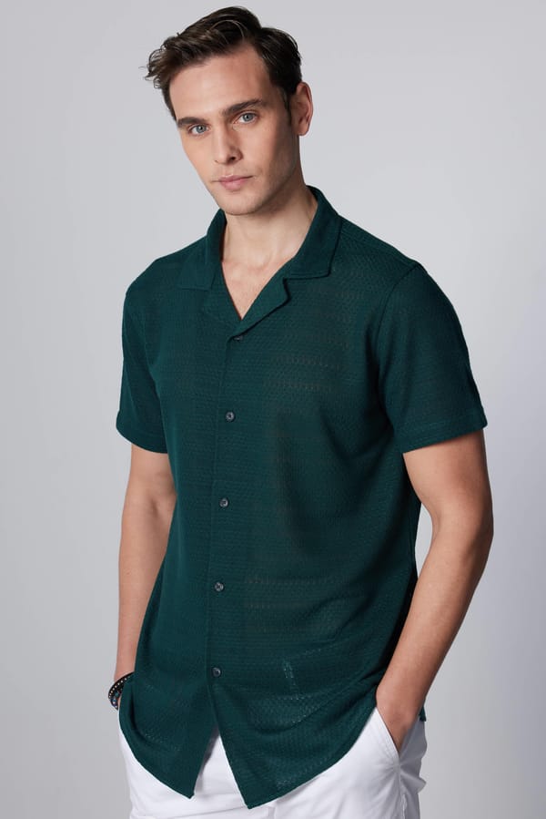 Erkek Slim Fit Dar Kesim Kısa Kollu Örme Kumaş Yeşil Apaş Yaka Gömlek - Yazlık Gömleklerde - 1 Alana 1 Bedava