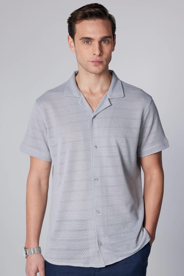 Erkek Slim Fit Dar Kesim Kısa Kollu Örme Kumaş Gri Apaş Yaka Gömlek - Yazlık Gömleklerde - 1 Alana 1 Bedava